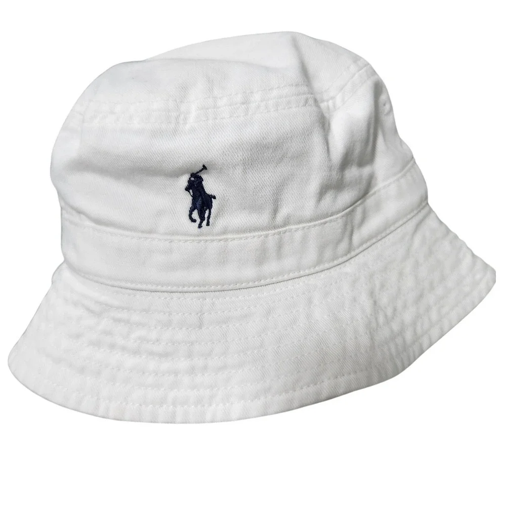 Polo Ralph Lauren Kids White Cotton Twill Bucket Hat Navy Pony Logo 2T-4T Unisex